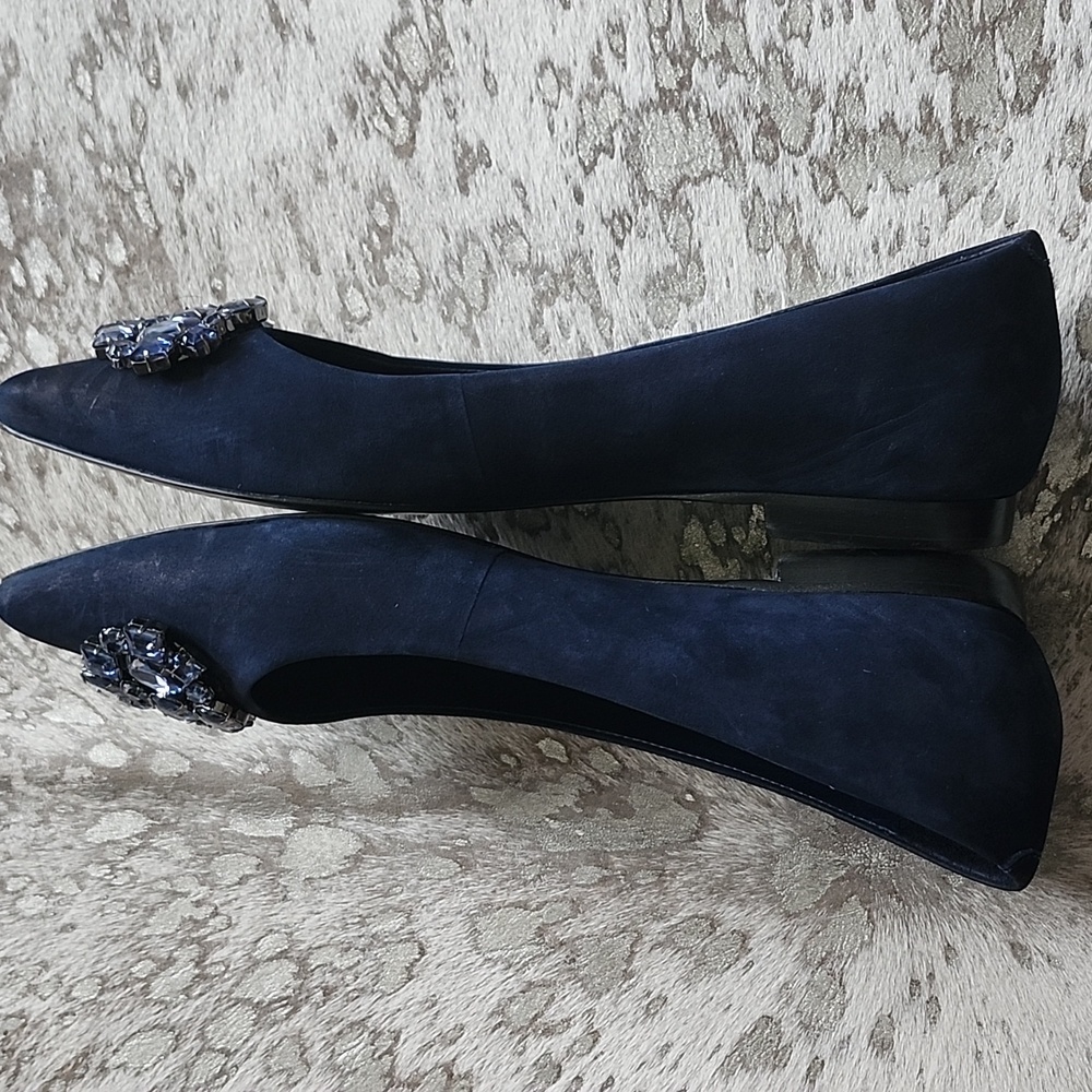 Schutz Navy Blue 100% Leather & Jewel Embellishment Flats Sz38 - Picture 5 of 8